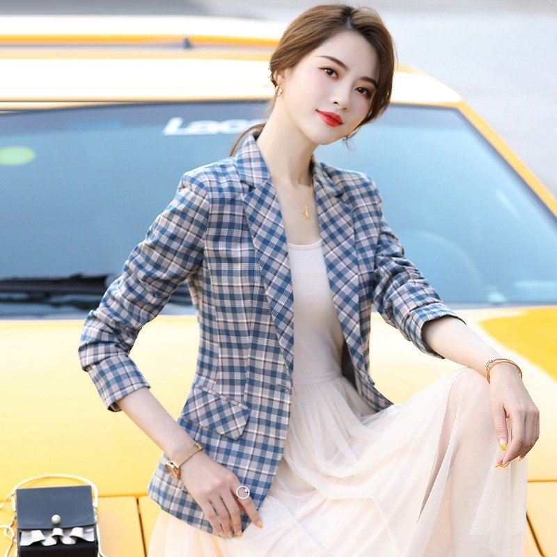 格子西装外套女2024q春秋新款收腰气质短款小个子修身休闲西服上