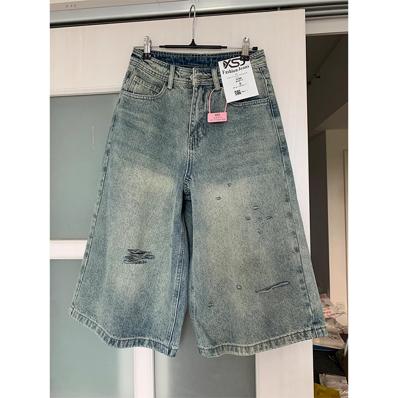 高个子复古破洞牛仔短裤女夏x季新款高腰显瘦宽松七分直筒阔腿裤