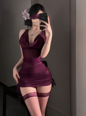 新款性感紫色网纱V领肚兜包臀裙兜领约会睡裙内衣短裙修身睡裙女