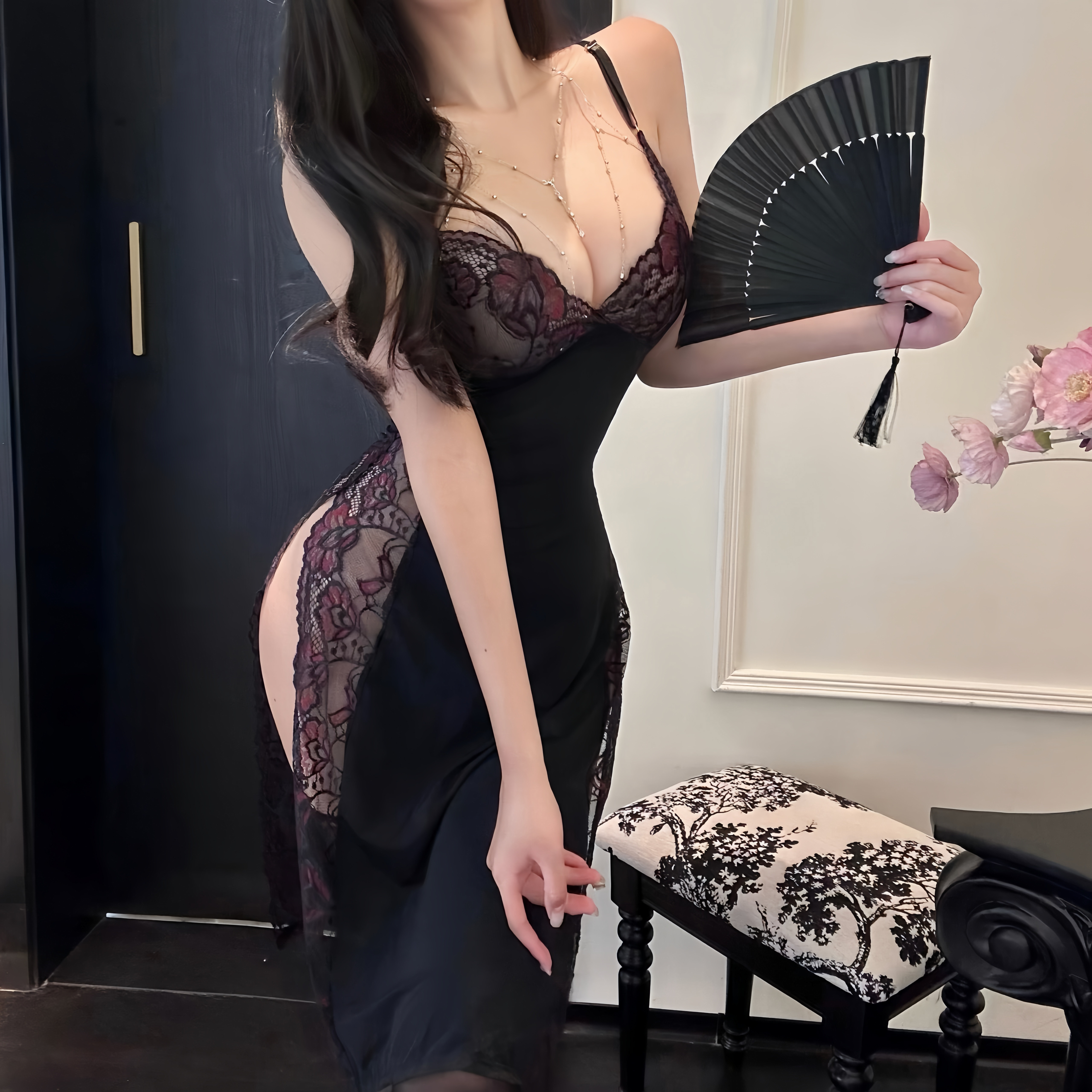 性感高级吊带长裙女款开叉紧身蕾丝透视睡衣制服睡裙女聚拢连衣裙