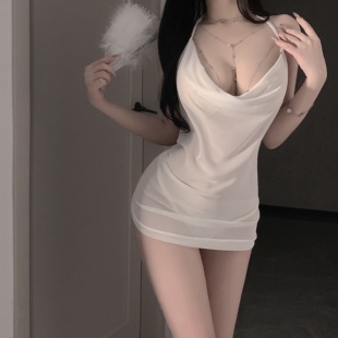 性感纯欲挂脖系带肚兜套性感纯欲透视诱惑情侣约会短裙睡衣套装 女