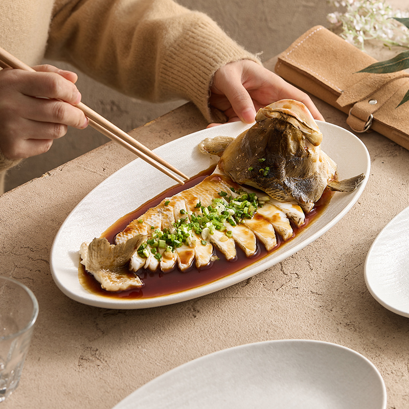 创意陶瓷鱼盘家用蒸鱼盘子高级感大号碟子椭圆形盘子菜盘石纹新款