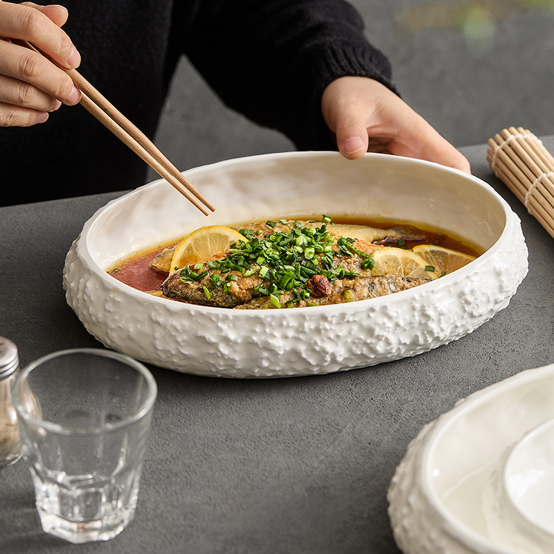 岩石纹陶瓷盘子大号蒸鱼盘家用酒店会所海鲜刺身深汤盘高级感新款