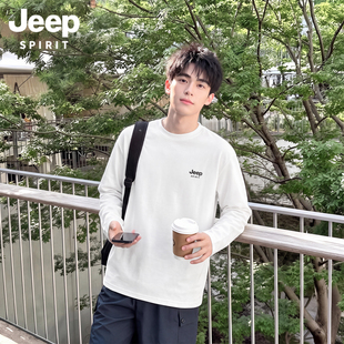 吉普JEEP纯棉长袖t恤男款秋季2026新款青少年白色运动休闲打底衫R