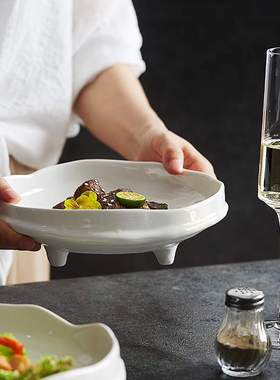 白色异形不规则陶瓷网红装菜盘子汤盘深盘酒店餐厅菜意境菜餐具S