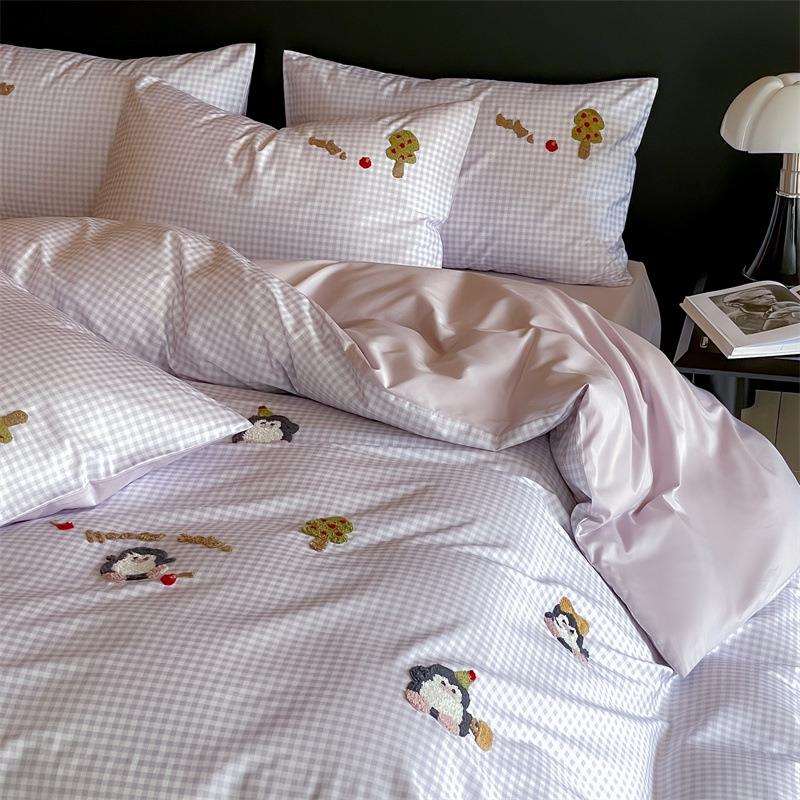 舒棉尊客||A类可爱LMLM风贡缎长绒床棉四件亲套纯棉刺绣上被套水