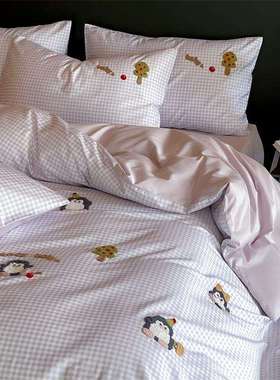 舒棉尊客||A类可爱LMLM风贡缎长绒床棉四件亲套纯棉刺绣上被套水