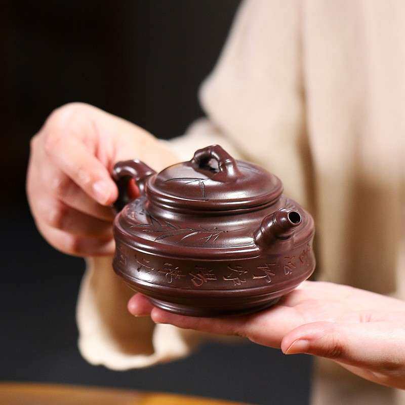 正宗宜兴原IRU矿铁双血红砂紫砂壶全手工刻画壶线竹鼓茶茶泡具