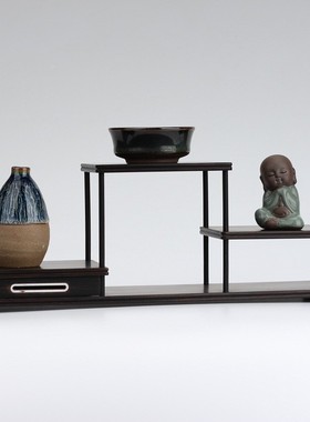 光檀博古架架黑檀茶壶紫光檀饰品摆架奇KNF石器玉底座盆紫景架