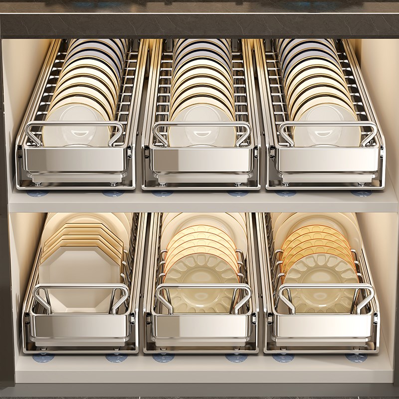 实心不锈钢抽拉碗碟收纳架厨房抽屉式G拉篮橱柜内置沥水碗架置物