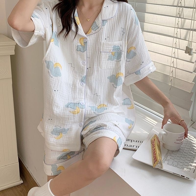 喜月夏季短袖纯棉绉布纱布月子服女孕妇宽松睡衣薄款.产后哺乳套