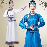新款蒙古b演出服裝女士民族舞藍(lán)色長(zhǎng)款草原合唱表演服飾傳統(tǒng)蒙古