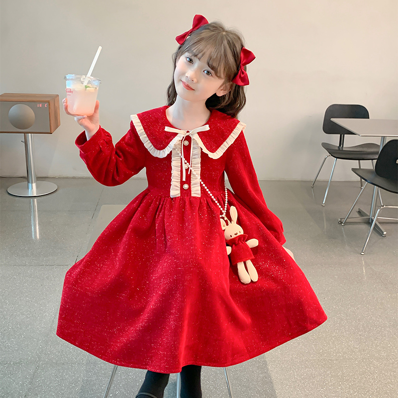 女童洋装秋装2023新款秋冬小女孩红F色洋派公主裙秋季儿童套装裙