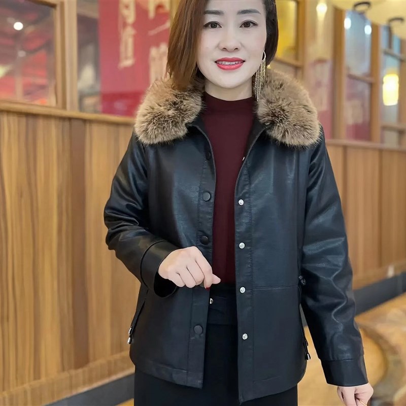 中年妈妈装短上衣k翻领pu皮衣外套女2022春秋季新款皮夹克短外套