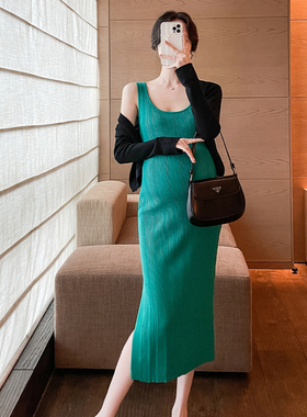 孕妇连衣裙夏装薄款针o织绿色高级感弹力辣妈修身背心裙开衫套装