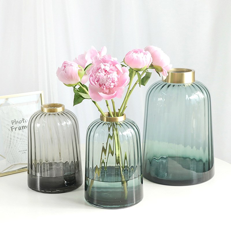 北欧简约现代竖条纹金属圈透明玻璃花瓶家居摆件复古拍摄道具