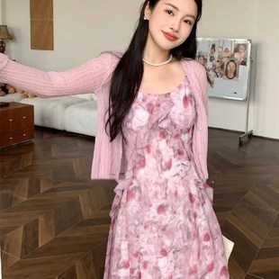 小外套碎花吊q带长裙套装 冰丝针织衫 2024春夏女甜美减龄显瘦两件