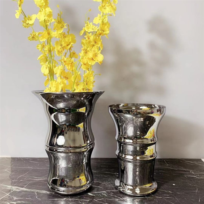 现代简约家居电镀银色竹节玻璃花瓶样板间花器摆件售楼处软装饰品