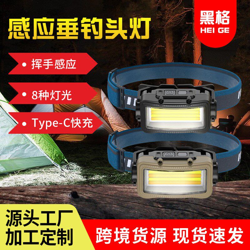 新款感应强光夜钓远射充电头灯户外露营ILED高亮探照头戴式电筒