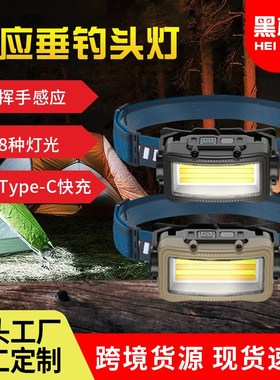 新款感应强光夜钓远射充电头灯户外露营ILED高亮探照头戴式电筒