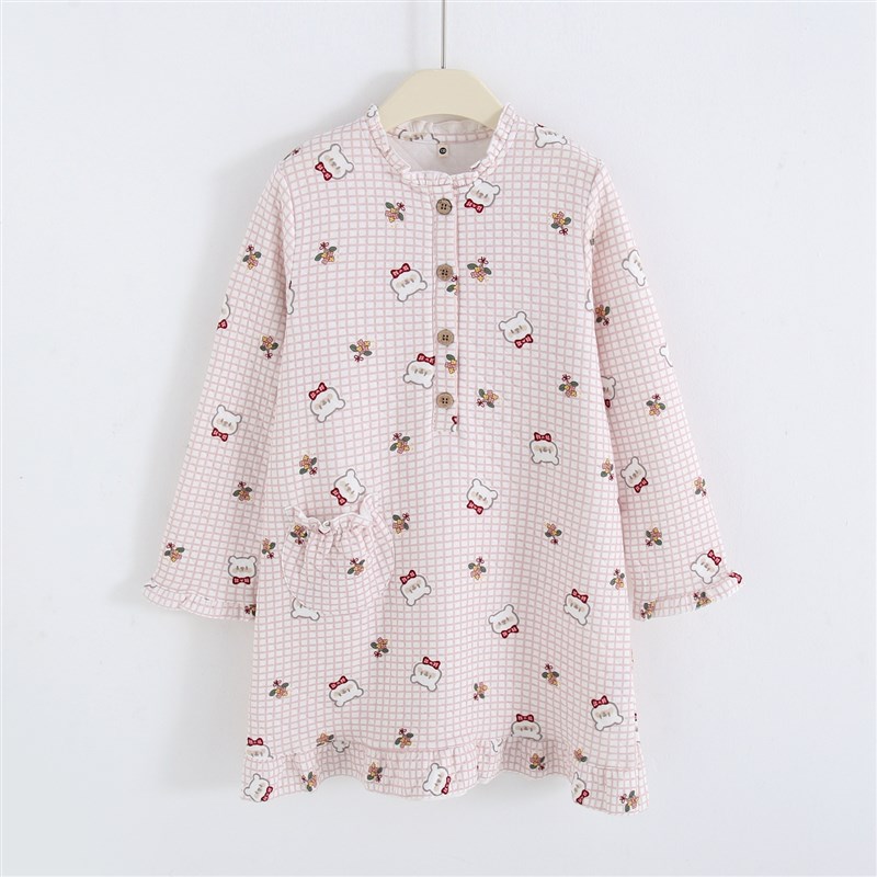 日系冬儿童女孩长袖薄款三层空气层夹棉可外穿家居裙女童睡裙秋冬