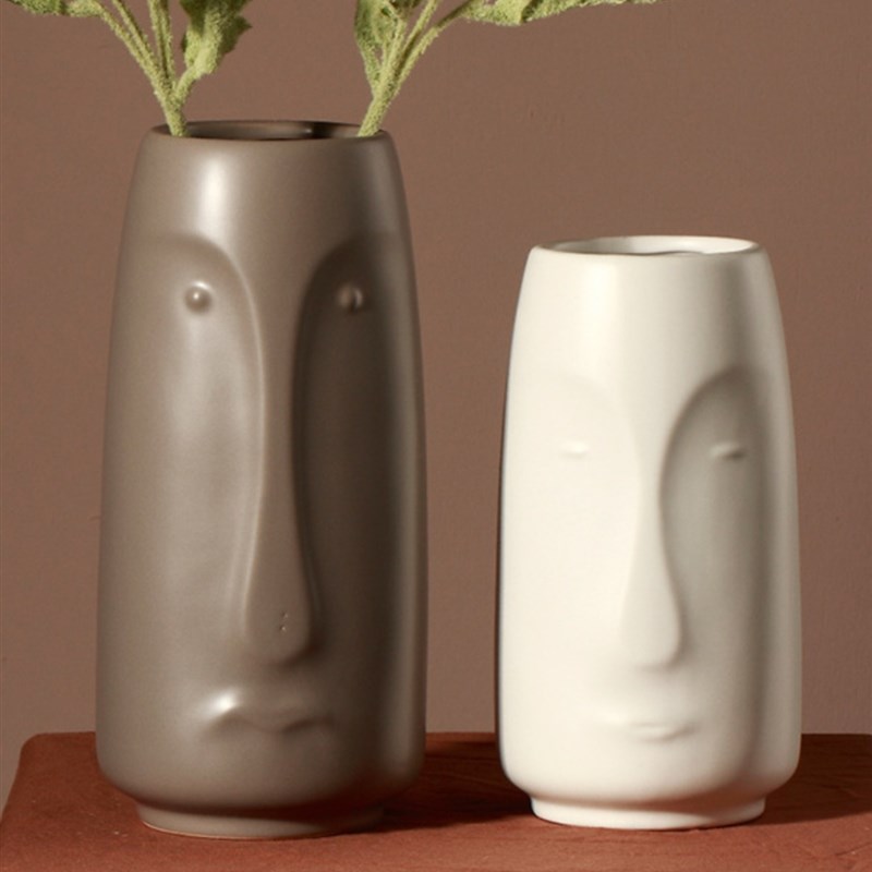 北欧简约创意哑光陶瓷花瓶摆件干花艺术人脸花器客厅家居软装饰品