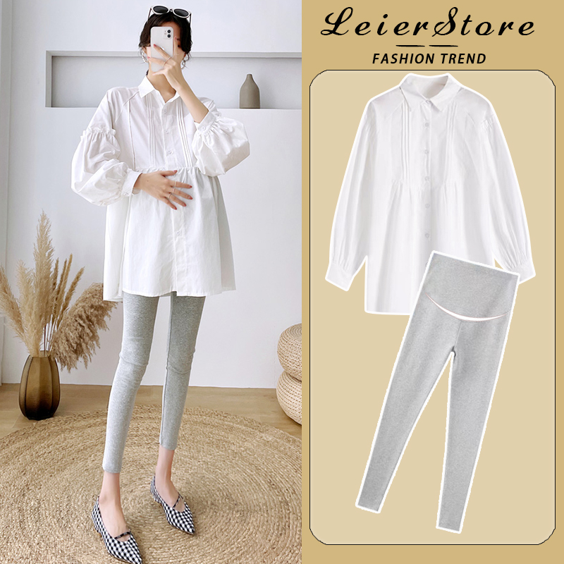 孕妇套装时尚洋气时髦202u3新款外出产检白色上衣衬衣两件套春秋