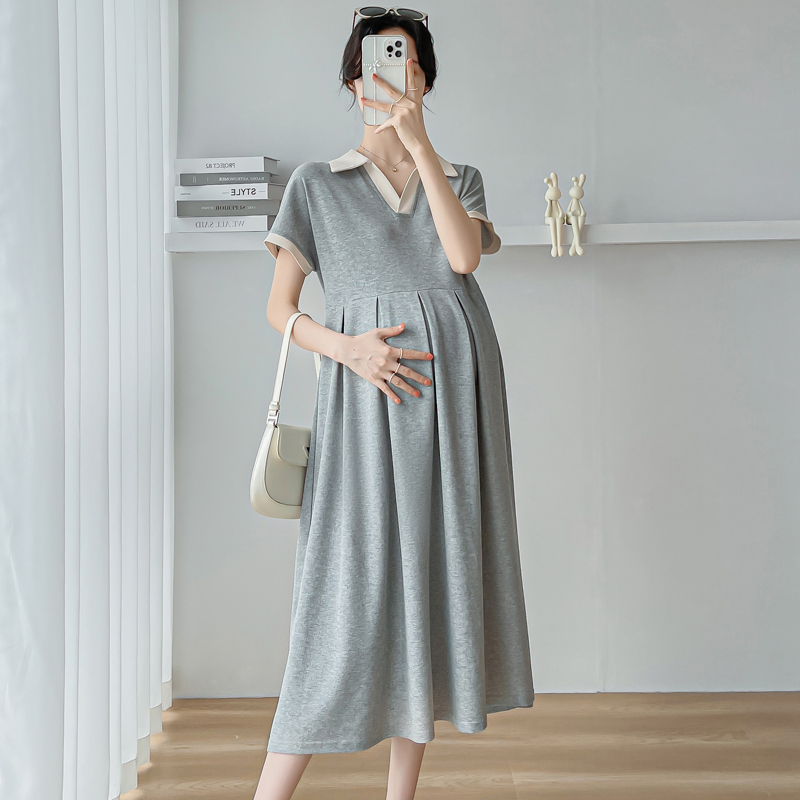 孕妇装2a023夏季新款时尚翻领连衣裙中长款收腰显瘦t恤裙长裙子
