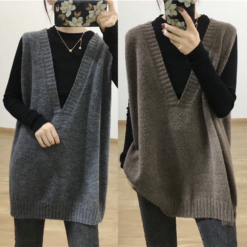 秋冬韩版慵懒风百搭Vo领针织羊绒马甲中长款背心女200斤宽松坎肩