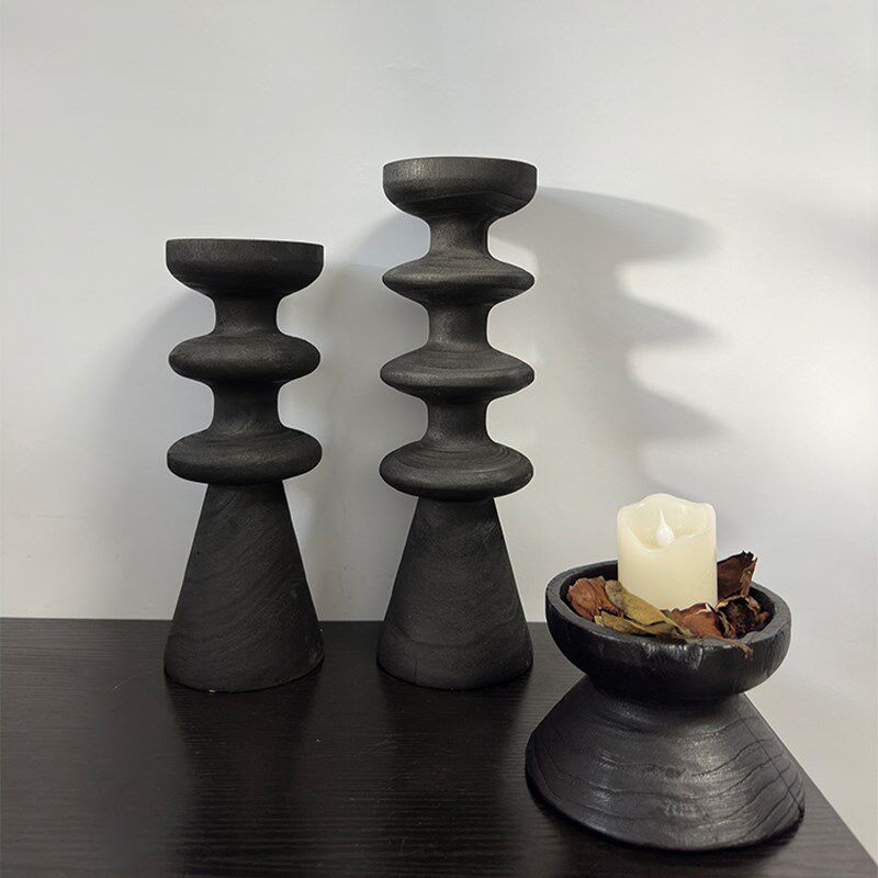 侘寂风做旧黑色实木锥形烛台民宿样板间客厅桌面竖高装饰小摆件