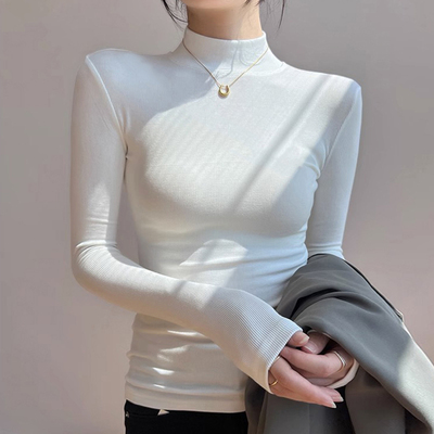 2025春秋新款紧身半高领长袖洋气t恤女打底衫内搭莫代尔中领上衣
