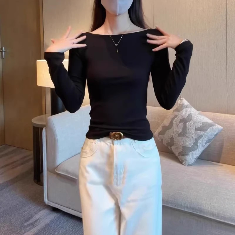 黑色一字肩长袖t恤女秋2026新款大码胖mm修身显瘦百搭打底衫上衣