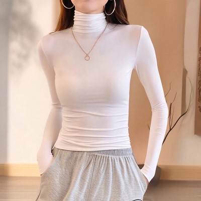 莫代尔高领打底衫女内搭春秋冬新款长袖t恤洋气堆堆领紧身上衣潮
