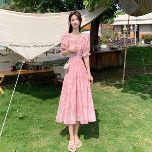 收腰显瘦气质方领a字裙子仙女 2024新款 法式 碎花雪纺连衣裙女夏季