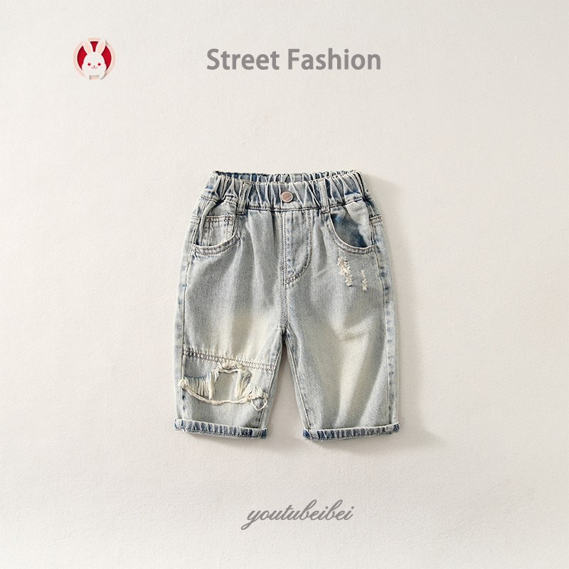 男童夏季牛仔短裤2025新款宝宝薄款七分裤破洞洋气儿童休闲裤子潮