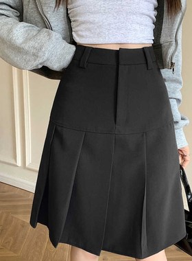 灰色百褶中裙小i个子设计感半身裙春夏大码胖m高腰显瘦学院风A字