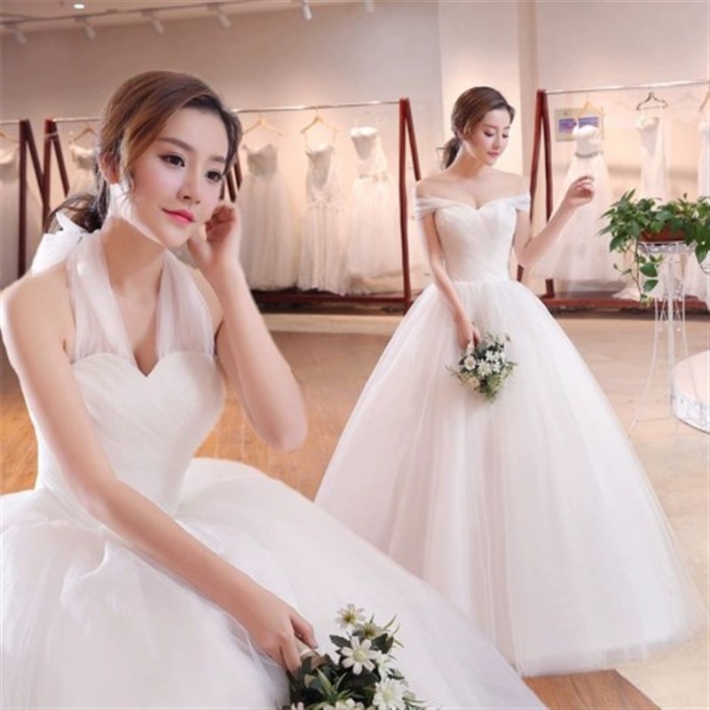 婚纱礼服一字肩V领婚纱女新款夏季显瘦森系婚纱简约齐地法式礼服