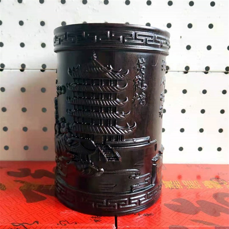 红木浮雕刻笔筒工艺摆饰木雕刻实木黑檀木质喜上眉梢办公室笔筒