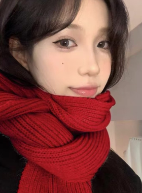左小妆针织围巾围脖新年红色氛围感ins韩版时尚百搭保暖防寒纯色