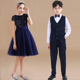 儿童大合唱团演出服女童亮片礼服裙管乐西服中小学生诗朗诵演讲服