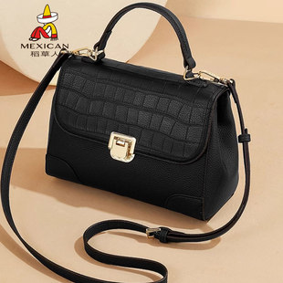 稻草人包包女士真皮黑色斜挎包女大容量通勤包牛皮小众百搭手提包