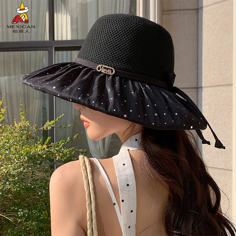 稻草人夏季女士大帽檐波点遮阳帽子防晒透气蝴蝶结太阳帽防紫外线
