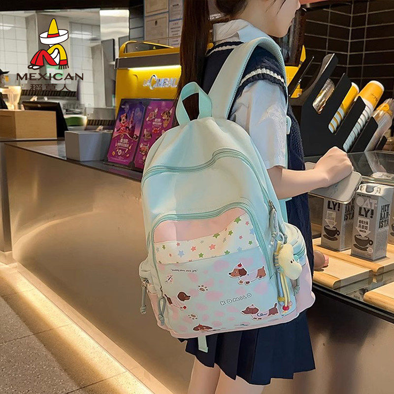 稻草人新款高颜值甜美清新可爱印花背包初高中生休闲大容量双肩包