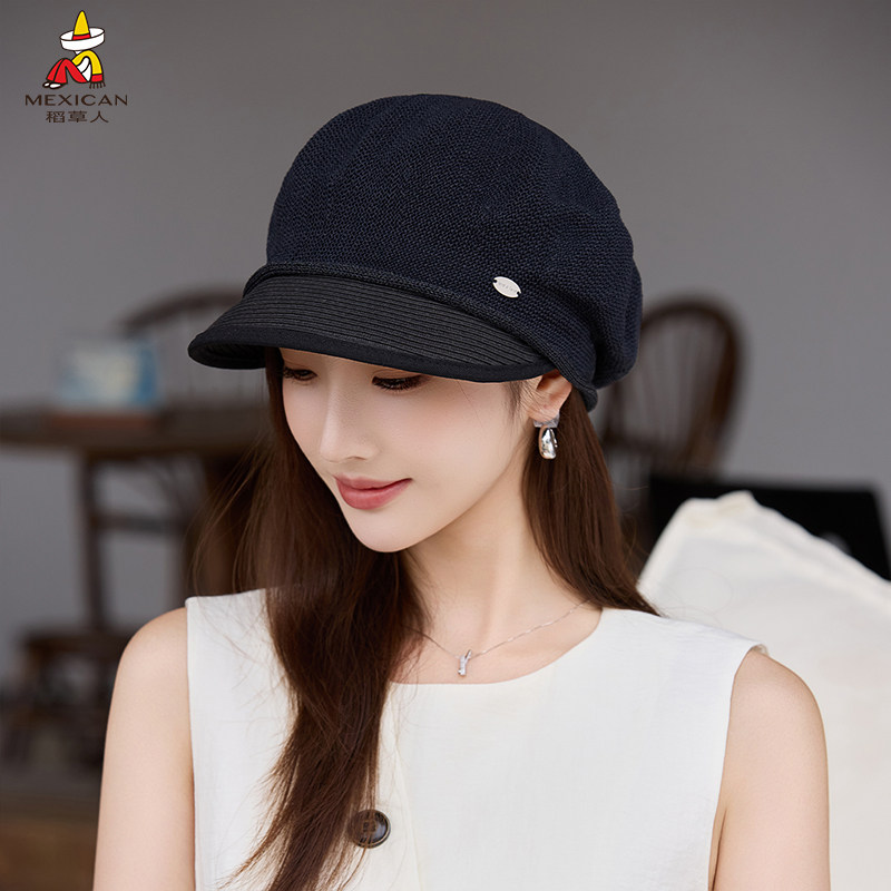 稻草人2026新款复古八角帽女春夏显脸小贝雷帽文艺报童帽黑色帽子