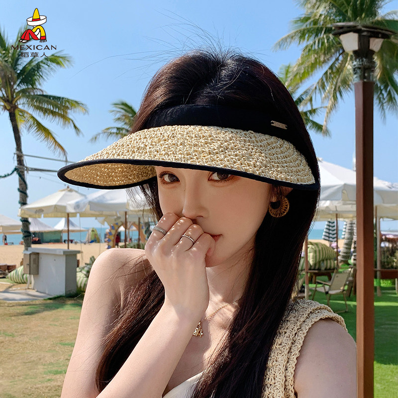 稻草人夏季空顶草帽女防晒遮阳帽加大帽檐防紫外线编织太阳帽出游