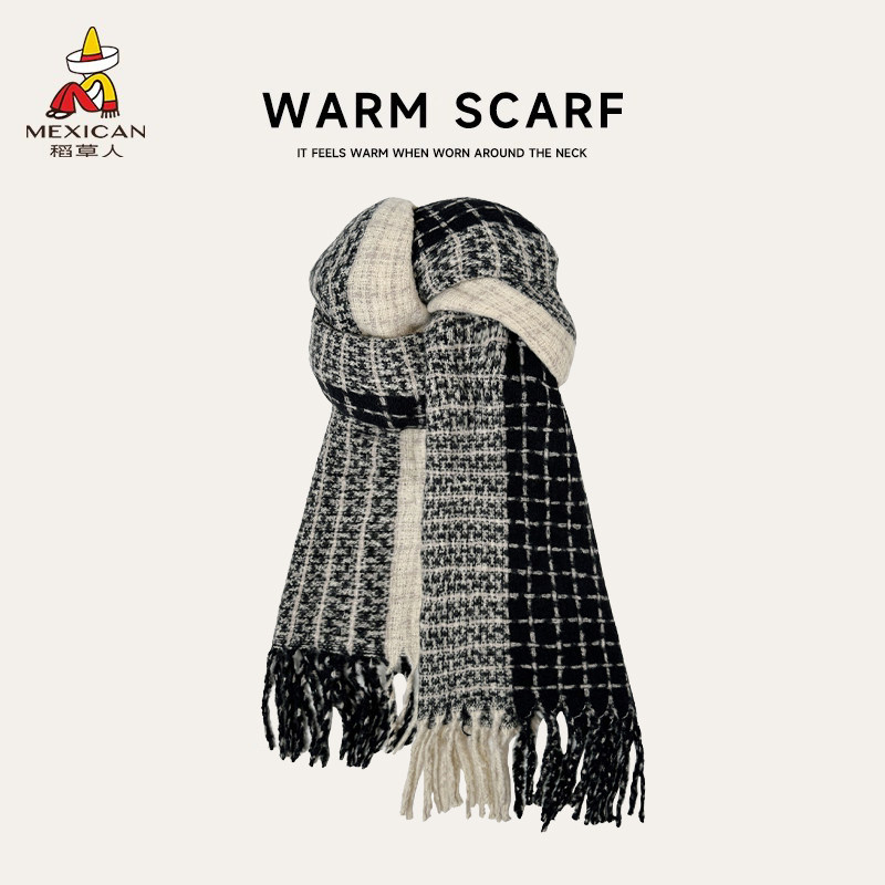 稻草人高级感格子围巾女2025新款冬季韩版百搭加厚保暖围脖男复古