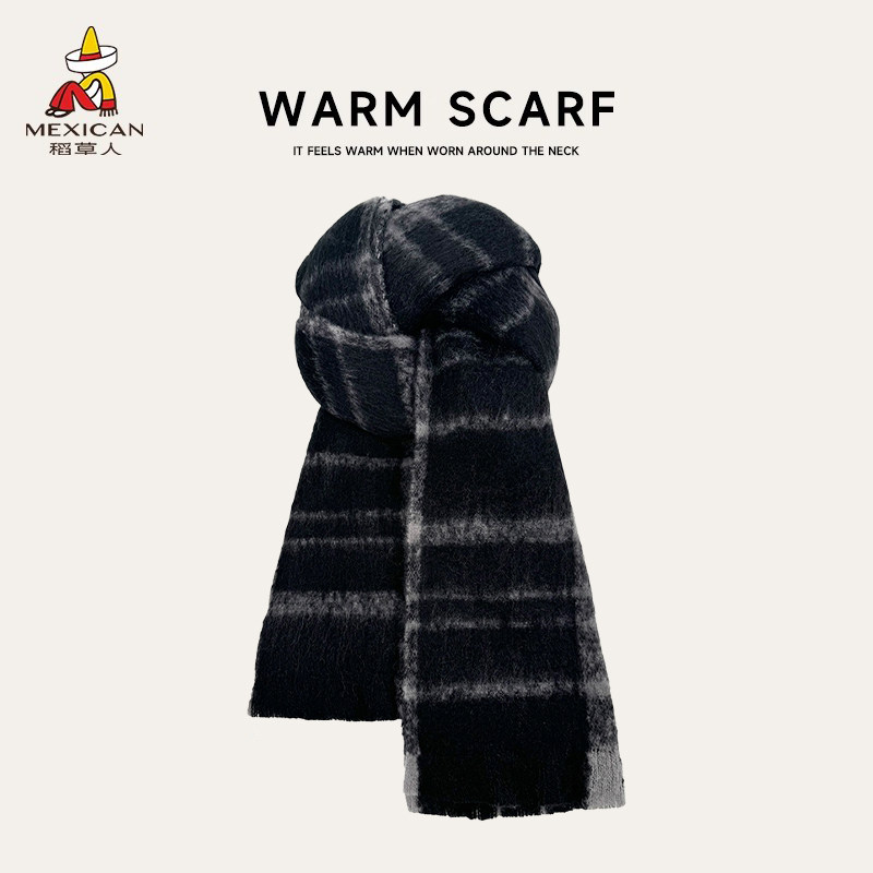 稻草人氛围感格子围巾男女冬季韩版百搭围脖男友学生情侣披肩保暖