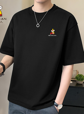 稻草人纯棉黑色短袖男士t恤宽松休闲运动百搭大码半袖官方旗舰店K