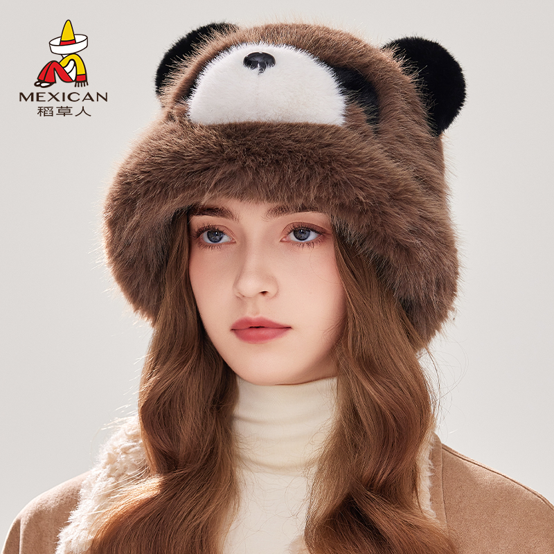 稻草人可爱熊猫帽子女保暖护耳