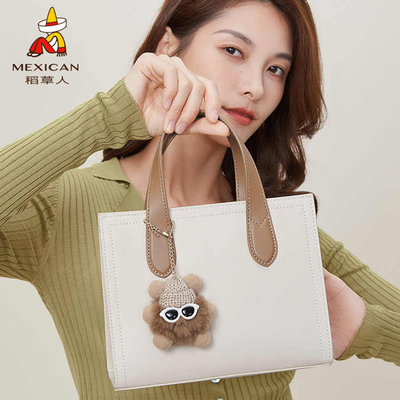 稻草人包包女小众真皮红色女士手提包单肩包牛皮斜挎包托特包女包